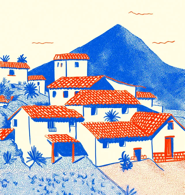 Ilustración de Villeta: casas de tejas rojas al pie de la montaña