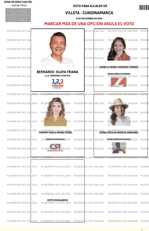 Tarjetón oficial de la elección atípica de Villeta: Bernardo Olaya Triana encabeza la casilla de 1,2,3 ¡Bernardo Otra Vez!