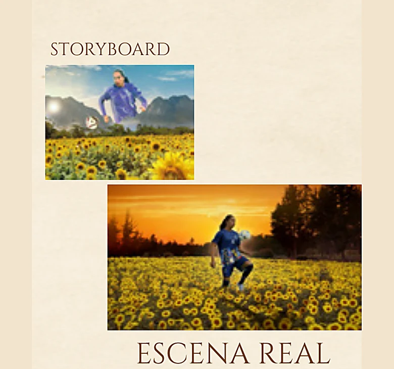 Storyboard y escena real: la mujer corre entre los girasoles