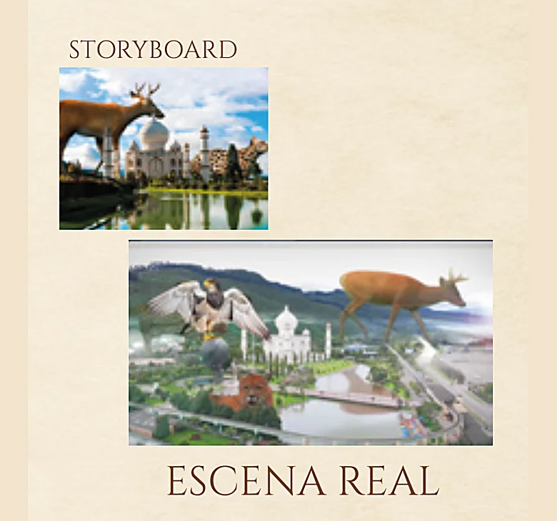 Storyboard y escena real: el venado y los monumentos danzan sobre el embalse