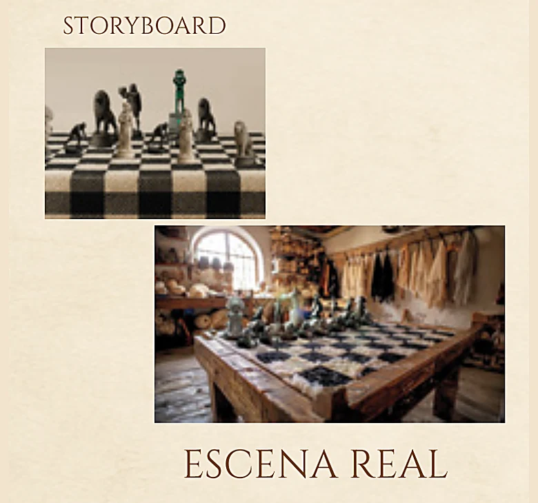 Storyboard y escena real: el ajedrez campesino sobre la mesa de picnic