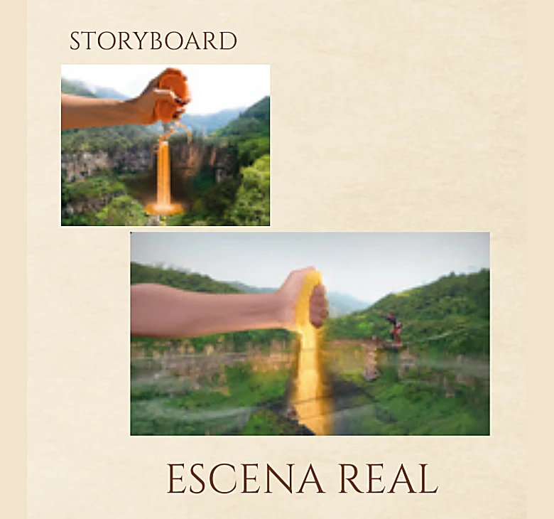 Storyboard y escena real: la mano vierte oro sobre el río del valle