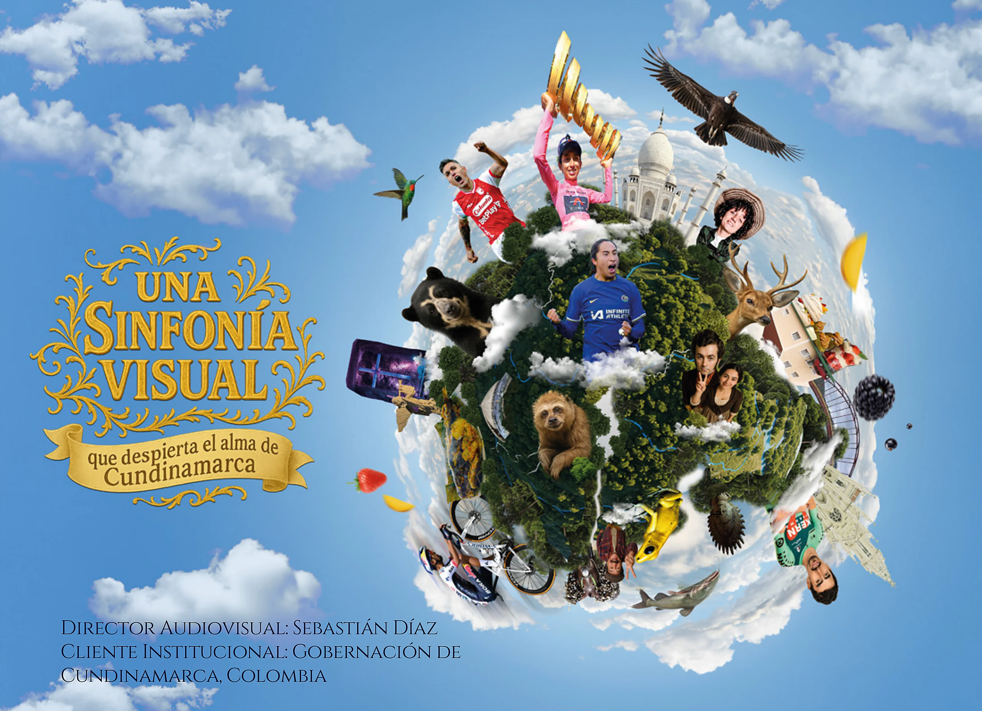 Una sinfonía visual que despierta el alma de Cundinamarca: un planeta collage con el cóndor, Egan Bernal, el oso de anteojos y los símbolos del departamento