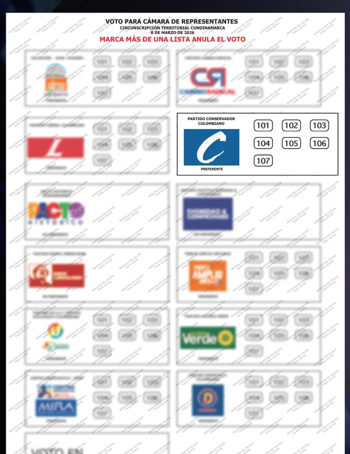 Tarjetón electoral: la casilla C101 del Partido Conservador queda en el centro del diseño