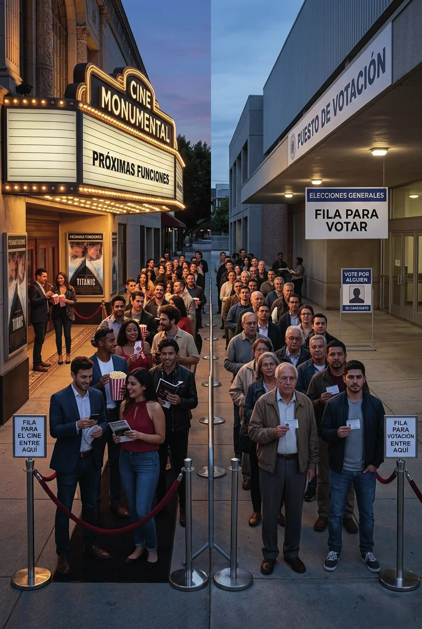 Una fila para entrar al cine junto a una fila para votar