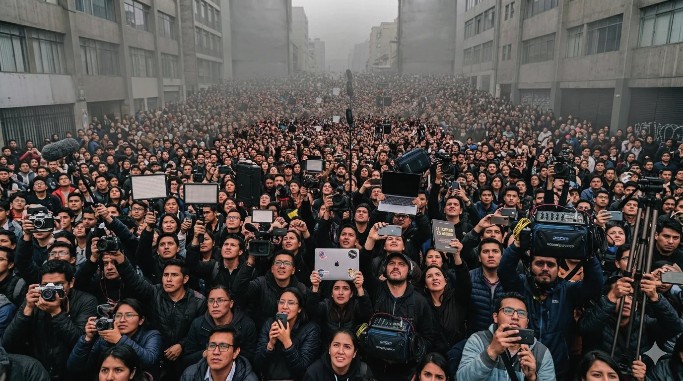 Una multitud de creativos levanta cámaras, computadores y micrófonos