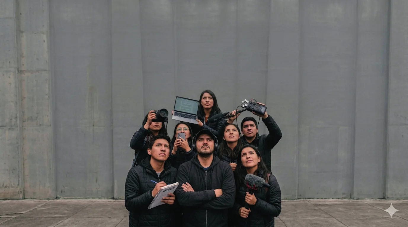 Un equipo pequeño sostiene sus herramientas de trabajo contra un muro gris