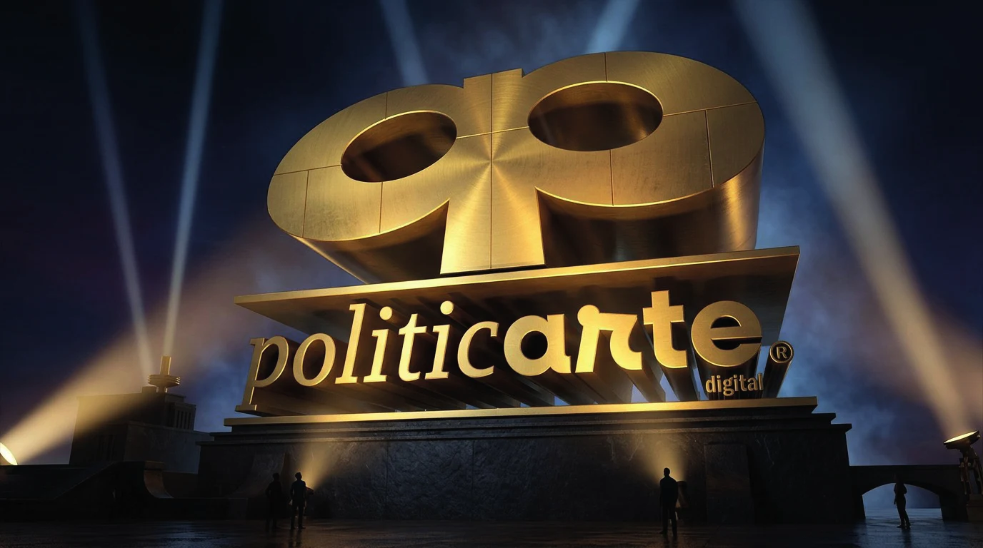 El logo dorado de Politicarte Digital como monumento de estudio de cine, iluminado por reflectores