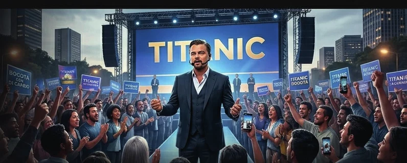 El candidato en tarima ante una multitud con pancartas de Titanic